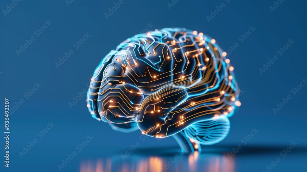 blue digital brain with cuircut board pattern, Artificial Intelligence and Machine Learning, Neuroscience and Technology Integration, Transformation of Thought Processes,Data-Driven Decision Making. blue digital brain with cuircut board pattern, Artificial Intelligence and Machine Learning, Neuroscience and Technology Integration, Transformation of Thought Processes,Data-Driven Decision Making.