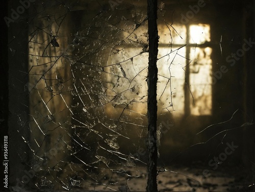 A window with cracked glass, a view of a room through the shattered glass. Light streams in through the other window, illuminating the dust and debris.