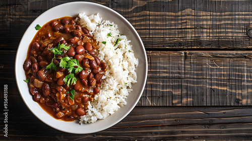 Hearty bowl of red beans and rice on a rustic table, garnished with herbs. A delicious homemade meal for lunch or dinner. Great for food photography or menu designs