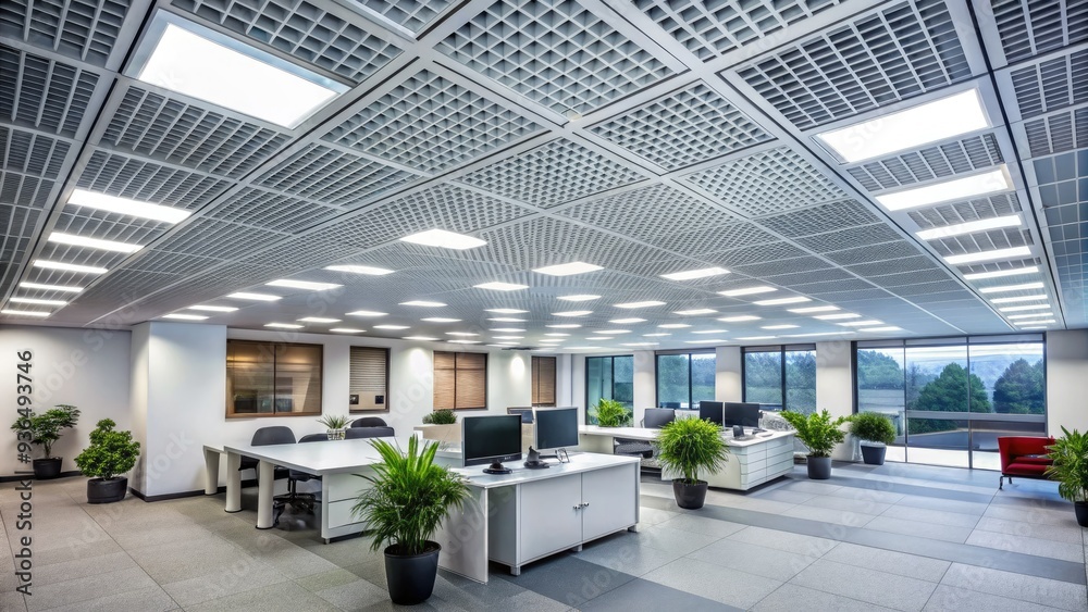 Fluorescent-lit, rectangular ceiling tiles with visible ventilation grills and subtle shadows create a mundane, corporate ambiance in a typical modern office setting. Fluorescent-lit, rectangular ceiling tiles with visible ventilation grills and subtle shadows create a mundane, corporate ambiance in a typical modern office setting.