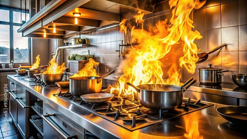 Flames engulf a stovetop as a kitchen blaze erupts, with smoke billowing upwards and utensils scattered nearby, capturing the chaos and urgency of a culinary emergency.