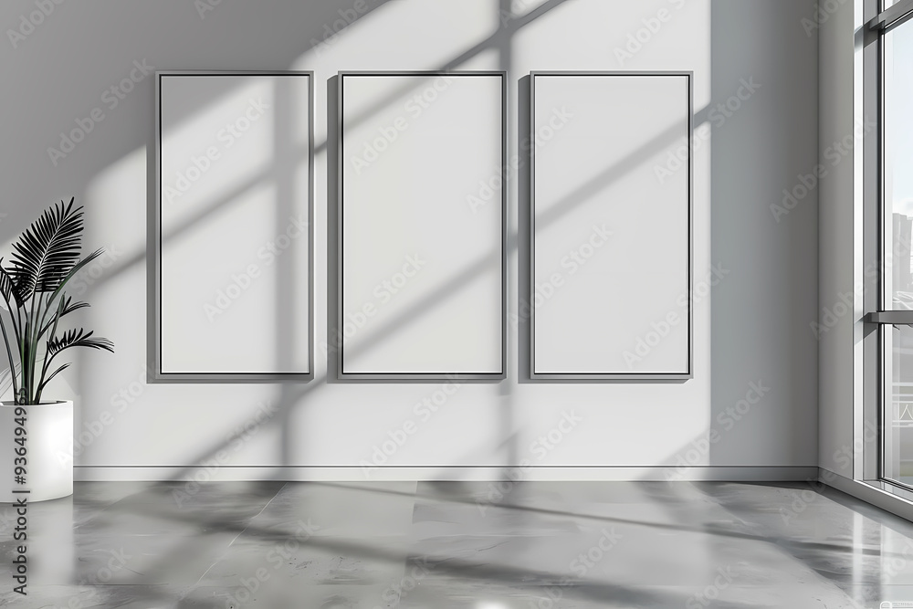 A modern, minimalistic gallery space featuring three blank frames and a potted plant, illuminated by soft natural light and dynamic shadows. A modern, minimalistic gallery space featuring three blank frames and a potted plant, illuminated by soft natural light and dynamic shadows.