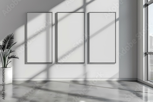 A modern  minimalistic gallery space featuring three blank frames and a potted plant  illuminated by soft natural light and dynamic shadows.