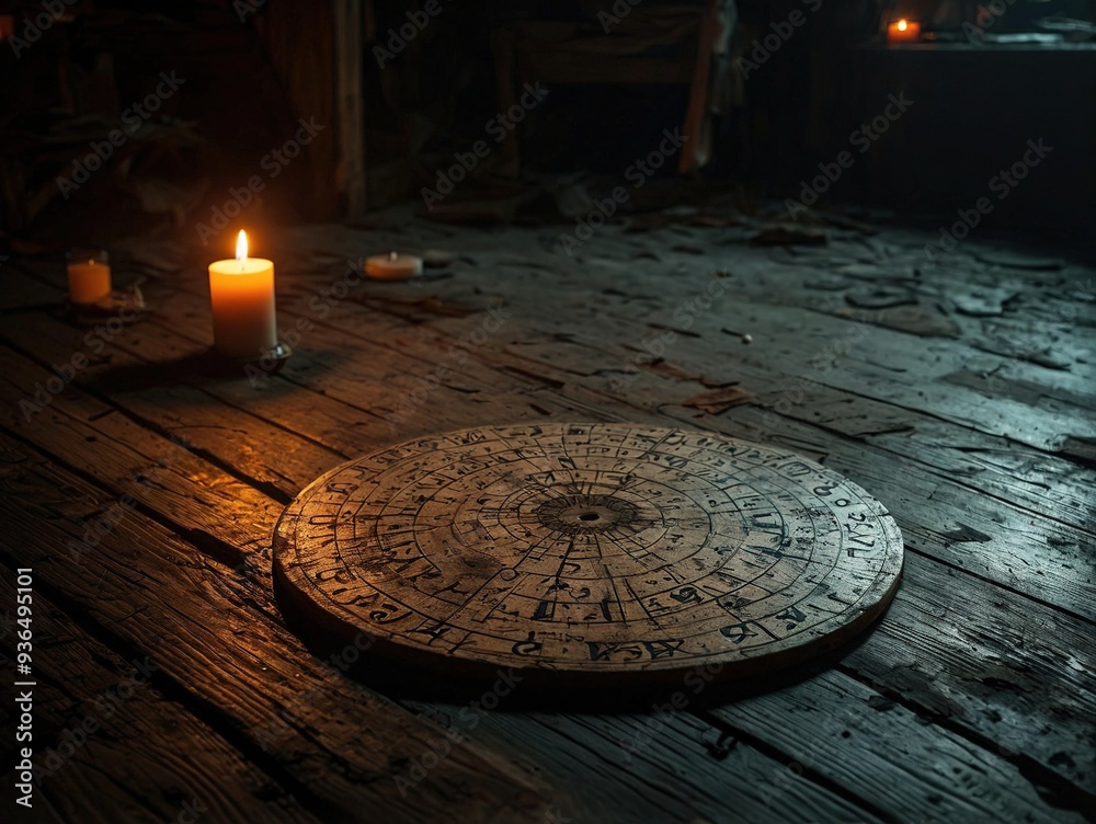 A wooden board with ancient runes sits on a weathered wooden floor lit by flickering candlelight in a dimly lit room. A wooden board with ancient runes sits on a weathered wooden floor lit by flickering candlelight in a dimly lit room.