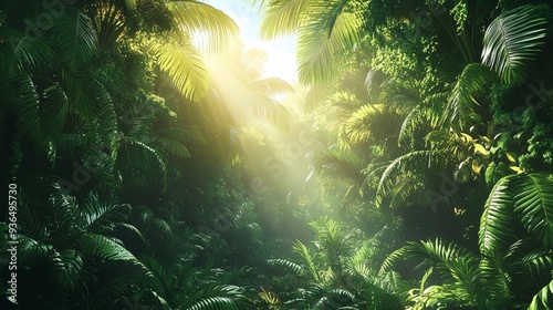 A Serene Tropical Forest with Sunlight Filtering Through Lush Foliage