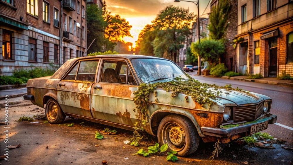 Obraz premium Forgotten passenger car with flat tires, rusty exterior, and shattered windows, overrun with weeds, sits abandoned on a litter-strewn city street at dusk.