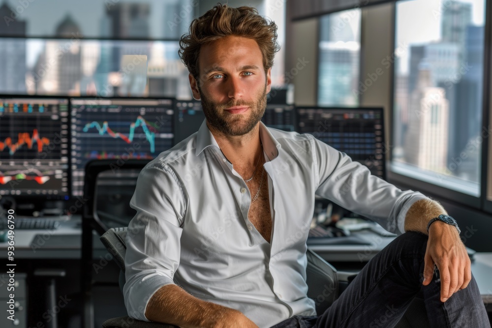 Businessman in Modern Office with Trading Monitors Businessman in Modern Office with Trading Monitors