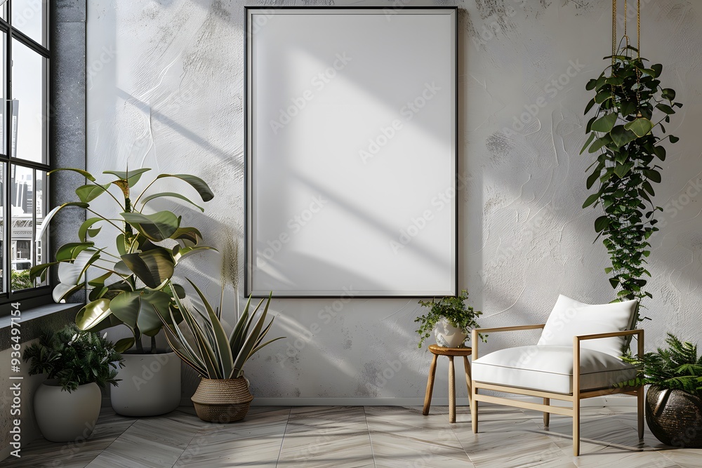 Serene Indoor Space with Plants and Blank Canvas for Creativity