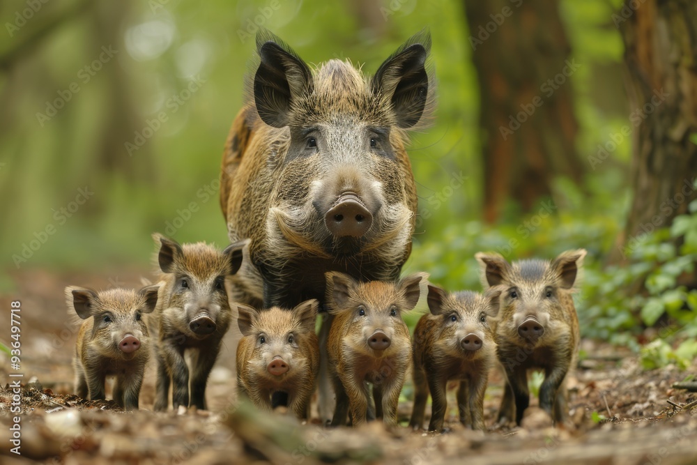 Wild Boar Family, Mother And Piglets, Sus Scrofa, Wildlife, Nature, Forest, Adorable, Vertical Wild Boar Family, Mother And Piglets, Sus Scrofa, Wildlife, Nature, Forest, Adorable, Vertical