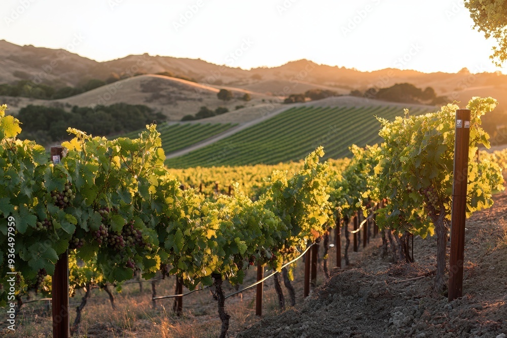 Fototapeta premium Vineyard at sunset, featuring lush grapevines laden with ripe grapes, rolling hills in the background, golden hour lighting, and soft shadows