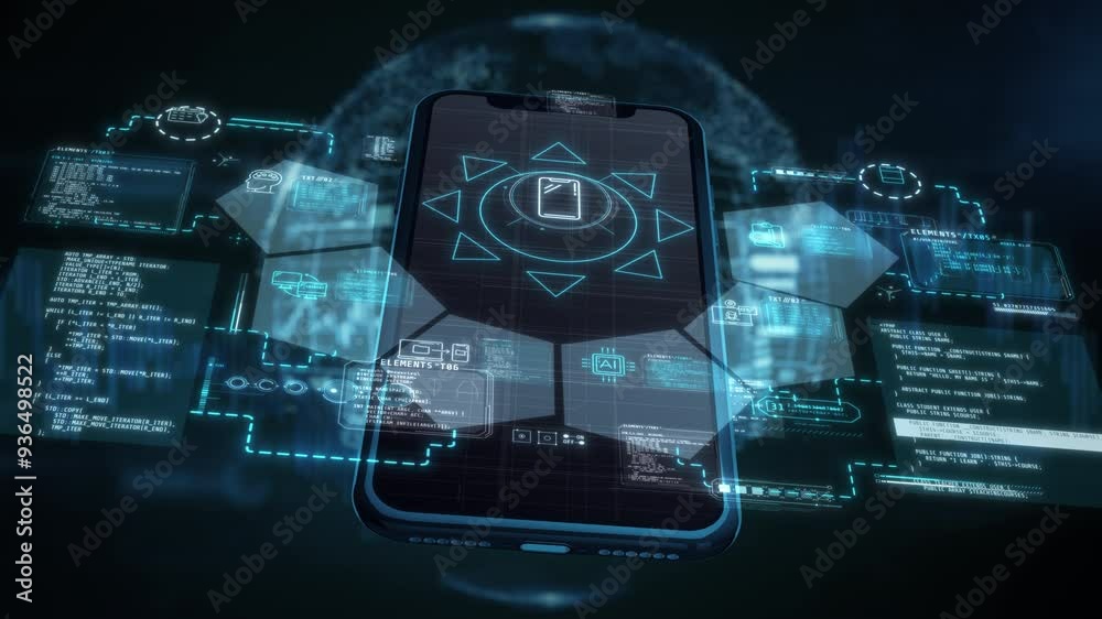 Smartphone's 3D presence adorned with data visuals. Smartphone's 3D presence adorned with data visuals.