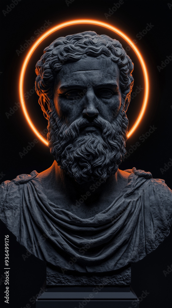 Ancient sculpture with glowing circular backdrop Ancient sculpture with glowing circular backdrop