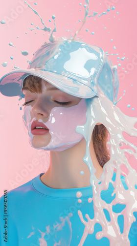 Portrait of Woman with Blue Cap and Splash of Milk Over Her Face photo