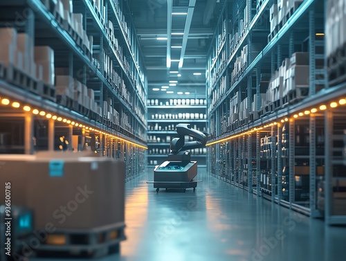 A modern warehouse with automated robots efficiently organizing goods on shelves, highlighting advanced technology in logistics.