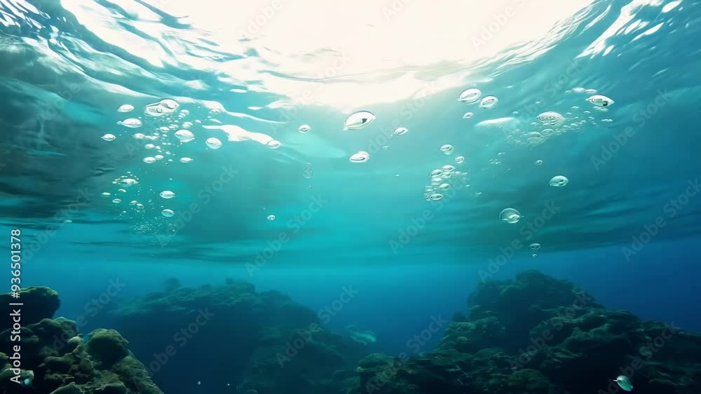 Air bubbles are slowly rising to the ocean surface from a coral reef below Air bubbles are slowly rising to the ocean surface from a coral reef below