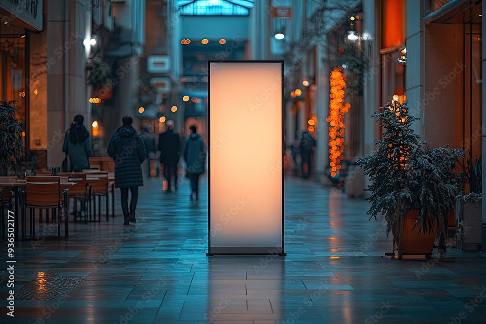 A large illuminated billboard stands in the middle of a pedestrian walkway in an urban shopping mall. A large illuminated billboard stands in the middle of a pedestrian walkway in an urban shopping mall.