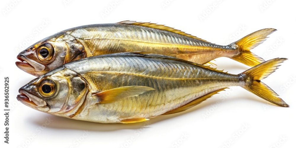 Freshly caught dried horse mackerel fish with shiny scales and fins, isolated on a white studio background, showcasing its delicate texture and vibrant golden color. Freshly caught dried horse mackerel fish with shiny scales and fins, isolated on a white studio background, showcasing its delicate texture and vibrant golden color.