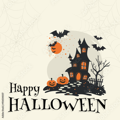 Happy Halloween. Web banner or invitation. Background with bats, ghosts for social networks. Vector illustration. Cobweb, spiders, bats, lettering. Place for text