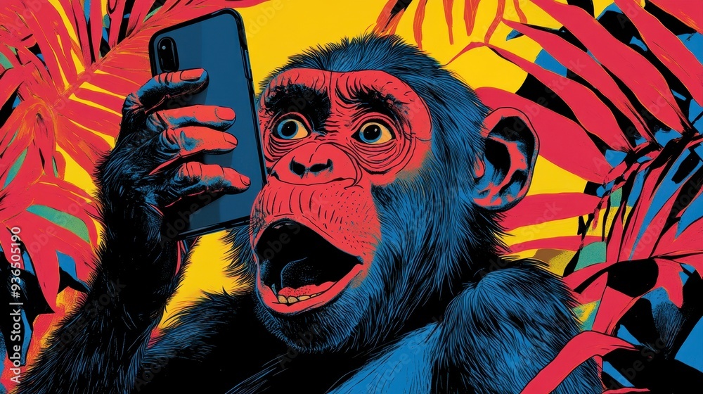Colorful monkey admiring smartphone amid tropical leaves in pop art style Colorful monkey admiring smartphone amid tropical leaves in pop art style