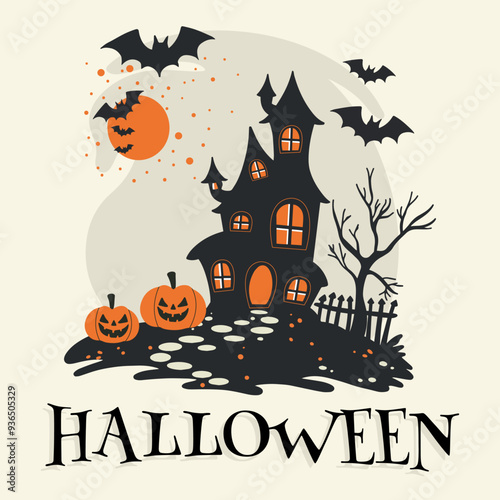 Happy Halloween. Web banner or invitation. Background with bats, ghosts for social networks. Vector illustration. Cobweb, spiders, bats, lettering. Place for text