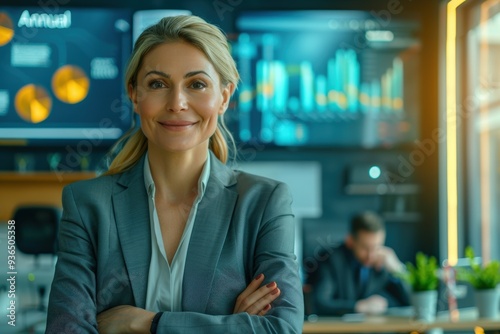 A confident businesswoman stands in a modern, tech-driven office environment with digital displays in the background