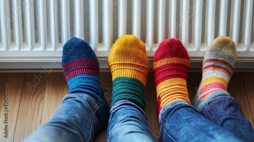 Cozy Winter Scene with Woolly Socks Warming Feet by the Heating Radiator