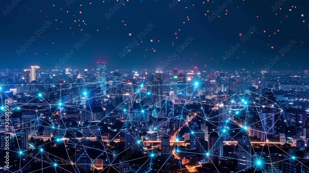 Night Cityscape with Network Connections Night Cityscape with Network Connections