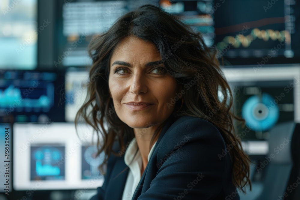 A confident, professional woman sitting in a modern office environment surrounded by computer screens displaying data and graphs A confident, professional woman sitting in a modern office environment surrounded by computer screens displaying data and graphs