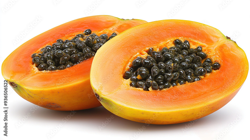 A split papaya and a complete papaya on a white backdrop with a clipped text A split papaya and a complete papaya on a white backdrop with a clipped text