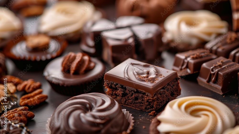 Chocolate pastry cakes and cookies in bakery. Sweet delicious dark cocoa cream food, tasty brown or black snack, yummy candy treat Chocolate pastry cakes and cookies in bakery. Sweet delicious dark cocoa cream food, tasty brown or black snack, yummy candy treat