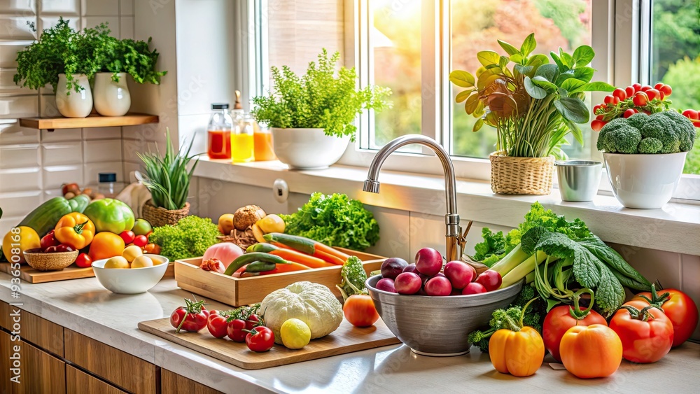 Freshly washed organic fruits and vegetables arranged on a spotless kitchen counter, illuminated by natural light, exuding cleanliness and healthy eating habits. Freshly washed organic fruits and vegetables arranged on a spotless kitchen counter, illuminated by natural light, exuding cleanliness and healthy eating habits.