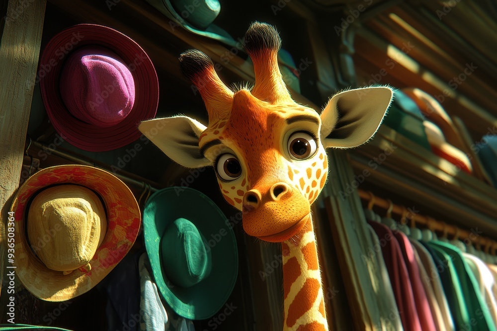 Obraz premium Curious cartoon giraffe in vibrant hat store with colorful accessories