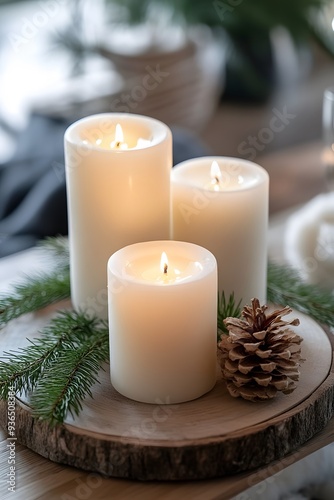 Festive Christmas composition with candles and spruce branches, winter