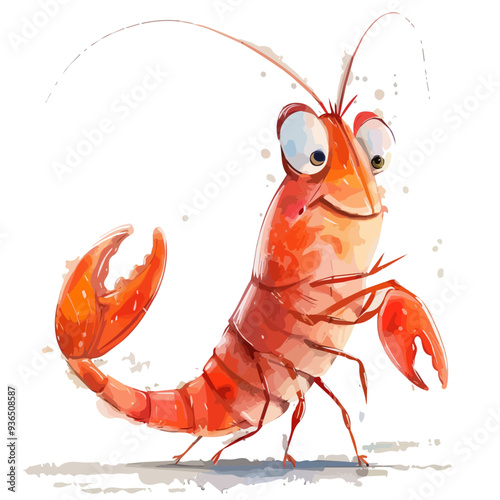 Watercolor vector of a cartoon shrimp animation, isolated on a white background, shrimp animation