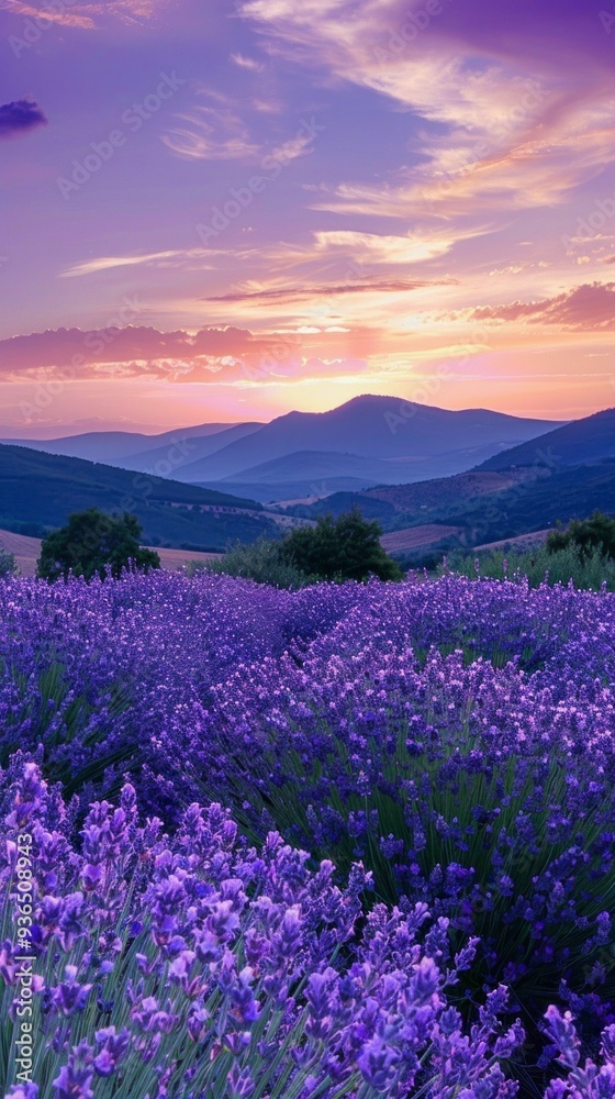 Obraz premium In a tranquil setting, vibrant lavender blooms cover the landscape, leading the eye toward majestic mountains as the sun sets in a colorful sky