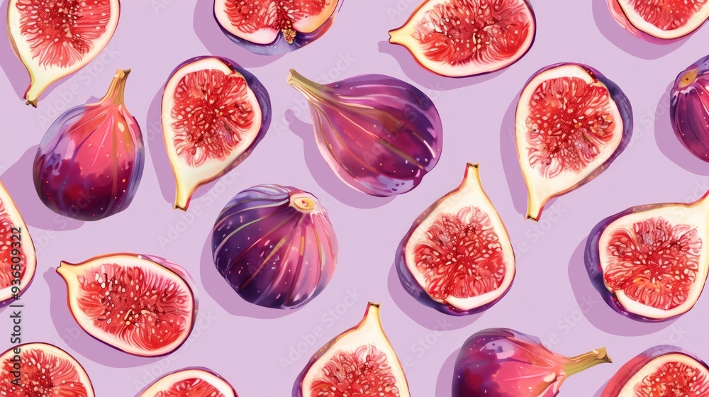 Fig fruit pattern. Tropical ripe exotic summer food wallpaper background, healthy sweet organic plant illustration art, botanical backdrop print Fig fruit pattern. Tropical ripe exotic summer food wallpaper background, healthy sweet organic plant illustration art, botanical backdrop print