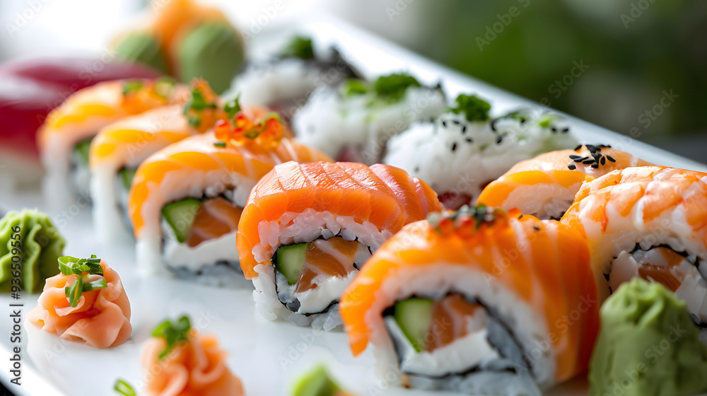 Exquisite Sushi Arrangement Showcasing Fresh Ingredients at a Japanese Restaurant. Generative by AI Exquisite Sushi Arrangement Showcasing Fresh Ingredients at a Japanese Restaurant. Generative by AI