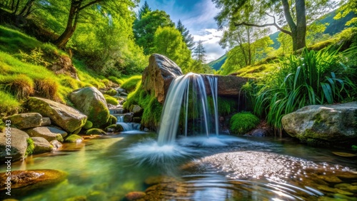Fresh sparkling water flows from a natural mountain spring, surrounded by lush greenery, symbolizing purity, cleanliness, and a healthy environment in perfect harmony.