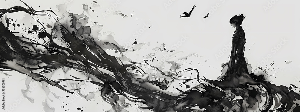 A graceful silhouette of a woman, portrayed in black ink, surrounded by flowing abstract designs and birds in flight, evoking a sense of freedom. A graceful silhouette of a woman, portrayed in black ink, surrounded by flowing abstract designs and birds in flight, evoking a sense of freedom.