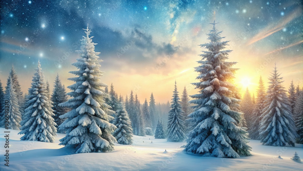 Frosted evergreen trees stand tall amidst a serene winter wonderland, surrounded by gently falling snowflakes and a soft, mystical mist. Frosted evergreen trees stand tall amidst a serene winter wonderland, surrounded by gently falling snowflakes and a soft, mystical mist.