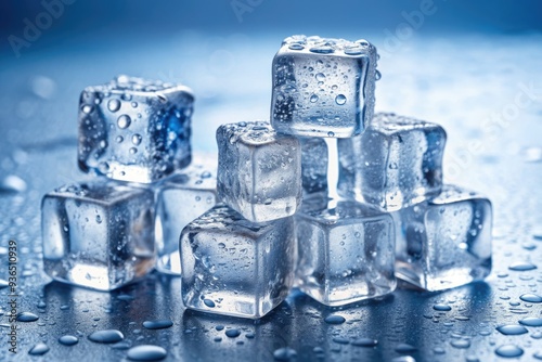 Frosted ice cubes glisten against a frozen white background, evoking refreshing coolness and revitalization, perfect for representing chilled beverages and summer refreshment in advertising photo