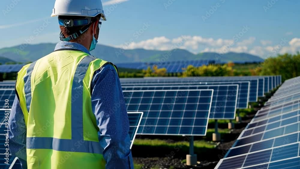 Professional Engineer Service Solar Panel. Worker Maintenance Cleaning Replacing Solar Panel. Solar photovoltaic panel system in Industry roof. Saving Energy with Clean Power. Solar power field