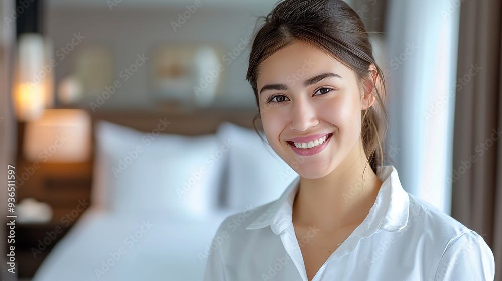 Portrait of beautiful young maid woman smiling, standing in hotel bedroom apartment, copy space. Professional chambermaid female staff, cleaning and hygiene service, housekeeper worker Portrait of beautiful young maid woman smiling, standing in hotel bedroom apartment, copy space. Professional chambermaid female staff, cleaning and hygiene service, housekeeper worker