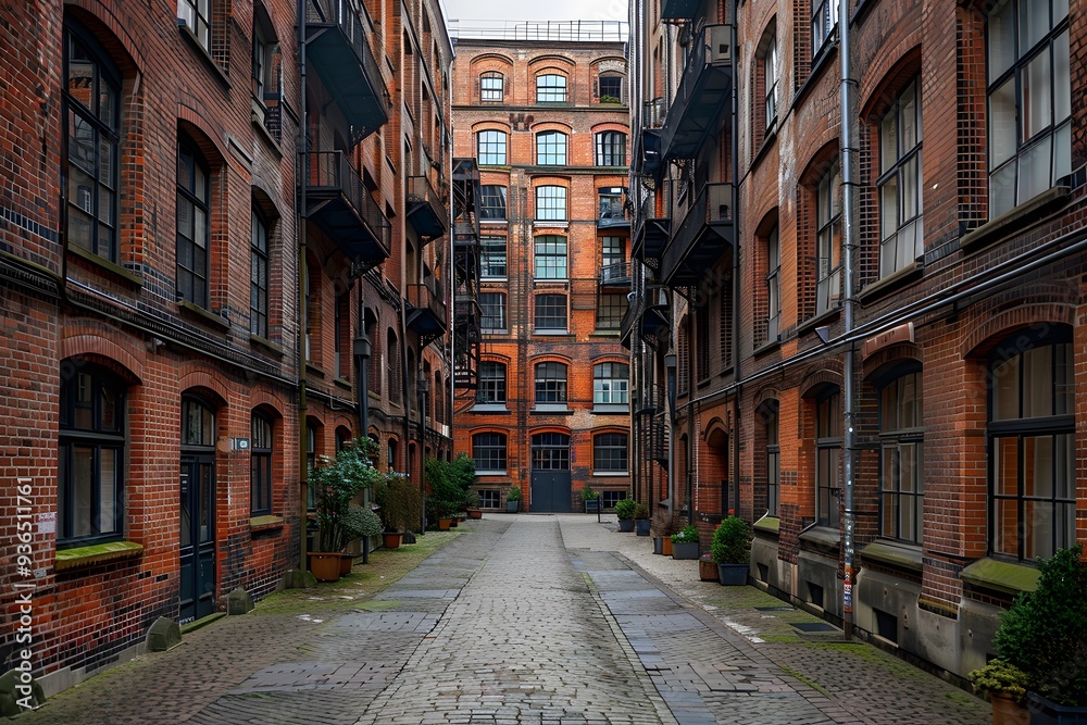 Obraz premium Charming Cobblestone Alleyway Surrounded by Historic Red Brick Buildings