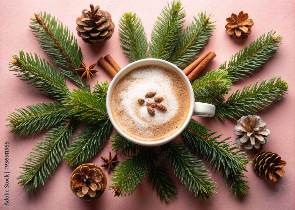 Frothy coffee fills a festive cup with a metallic 2024 number, surrounded by evergreen branches, pinecones, coffee beans, and a cinnamon stick on a soft pink background. Frothy coffee fills a festive cup with a metallic 2024 number, surrounded by evergreen branches, pinecones, coffee beans, and a cinnamon stick on a soft pink background.
