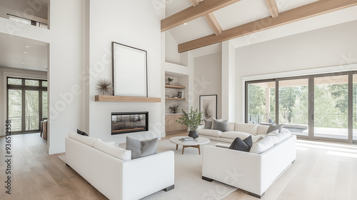 Wallpaper Mural Framed artwork above fireplace | Modern open-plan living room with vaulted ceilings and natural wood beams | Neutral decor, large windows, and spacious layout Torontodigital.ca