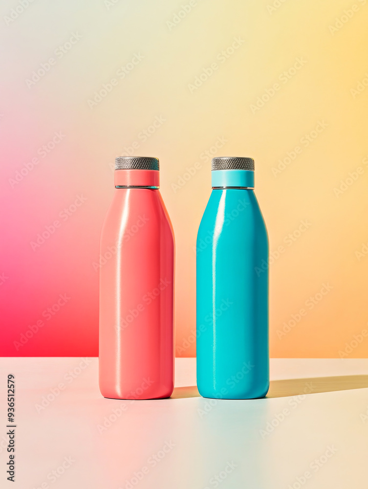 Two Vibrant Reusable Bottles on a Pastel Background in Natural Light Two Vibrant Reusable Bottles on a Pastel Background in Natural Light