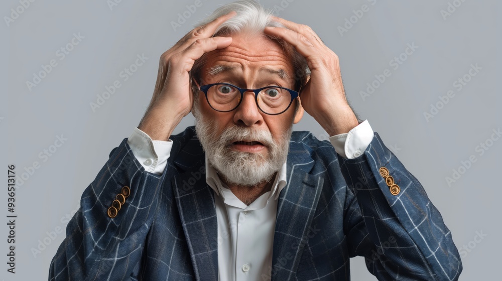 Stressed old senior businessman holding his hands on the head, isolated on transparent background. Worried and anxious, thinking about problem or trouble at work, entrepreneur bankruptcy, bad news Stressed old senior businessman holding his hands on the head, isolated on transparent background. Worried and anxious, thinking about problem or trouble at work, entrepreneur bankruptcy, bad news