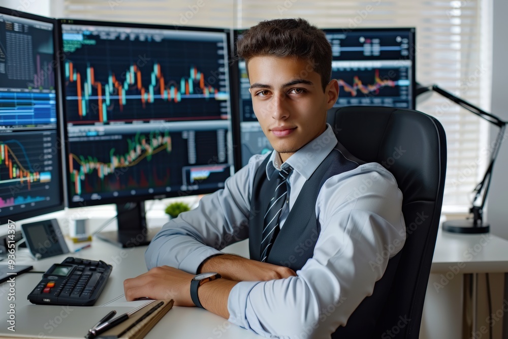 Successful Young Male Trader Working Late Successful Young Male Trader Working Late