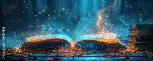 Magical Book with Sparks and Smoke in a Dark Forest
